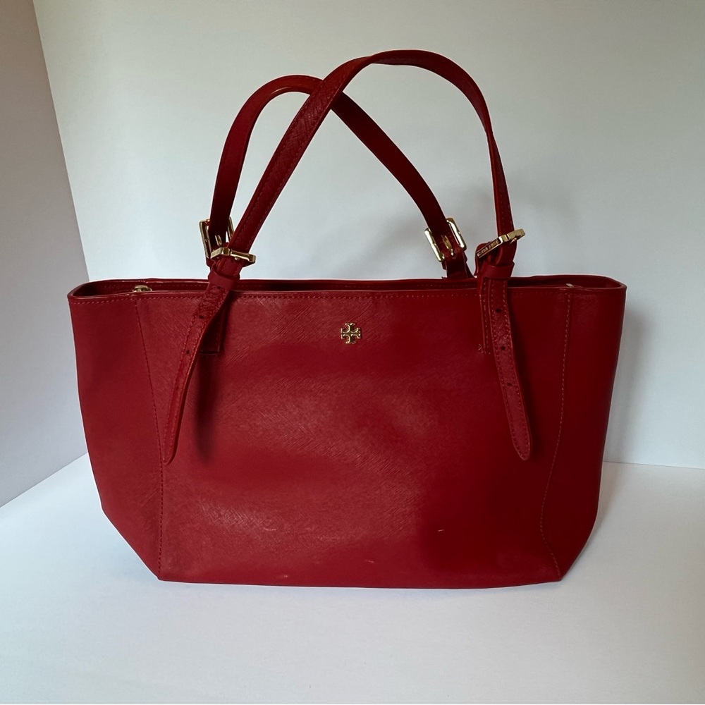 Tory Burch Red Leather Structured Tote and matching wallet